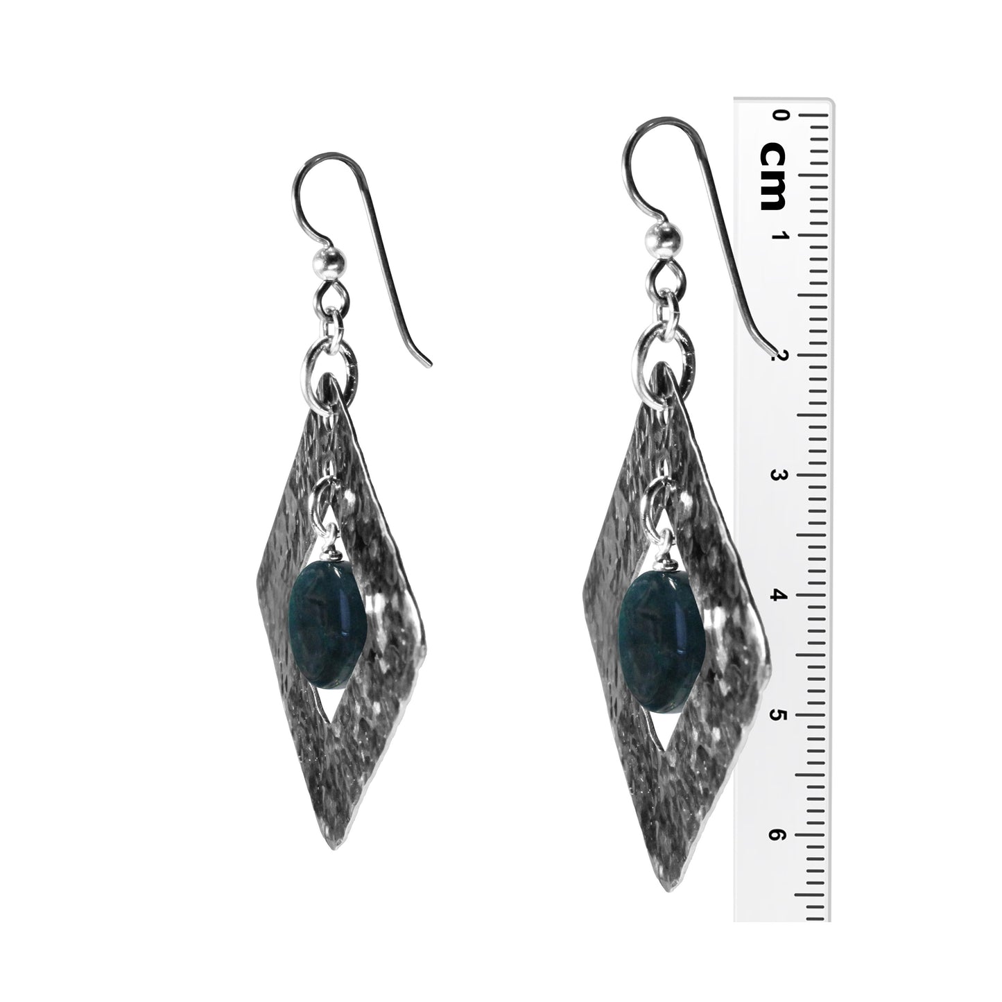 Hammered Steel Earrings with blue apatite / 65mm length / handmade geometric diamond-shaped / hypo-allergenic niobium earwires