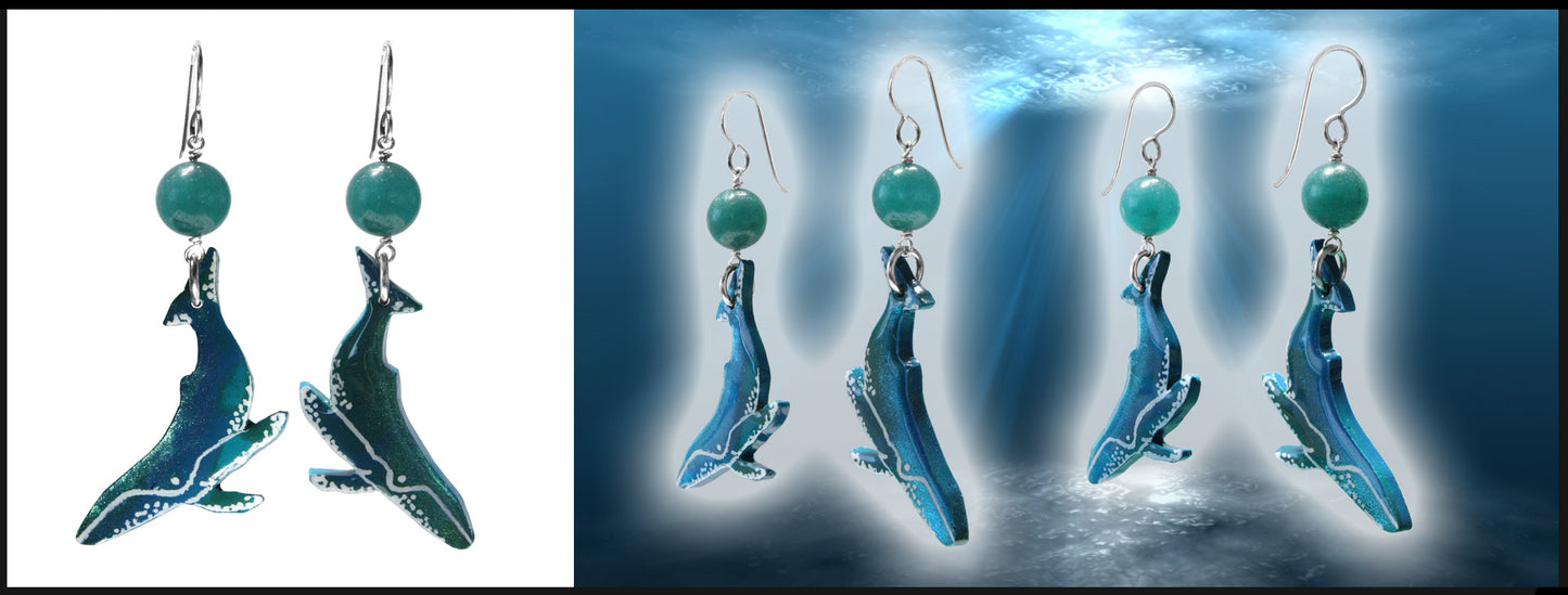 Sea Green Whale Earrings / 70mm length / with green agate beads and sterling silver earwires