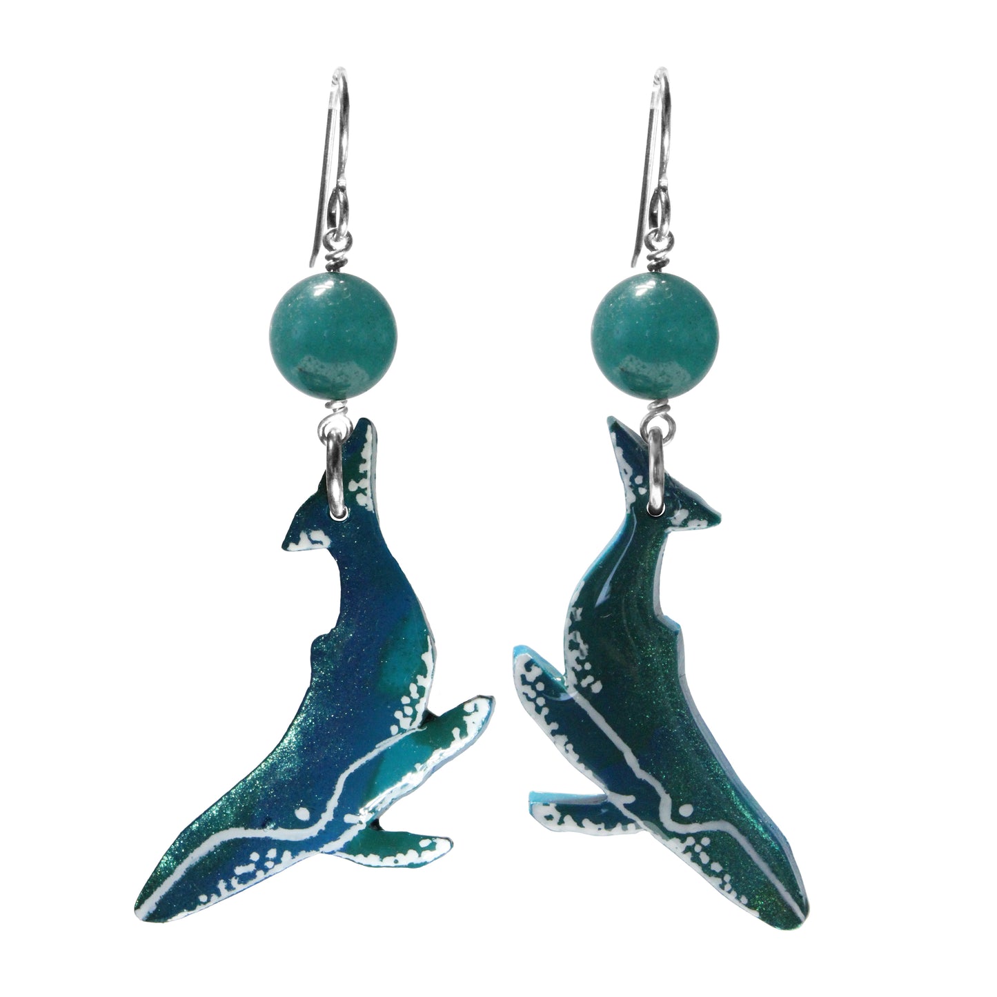 Sea Green Whale Earrings / 70mm length / with green agate beads and sterling silver earwires