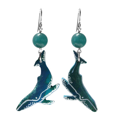 Sea Green Whale Earrings / 70mm length / with green agate beads and sterling silver earwires