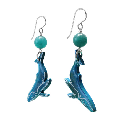 Sea Green Whale Earrings / 70mm length / with green agate beads and sterling silver earwires