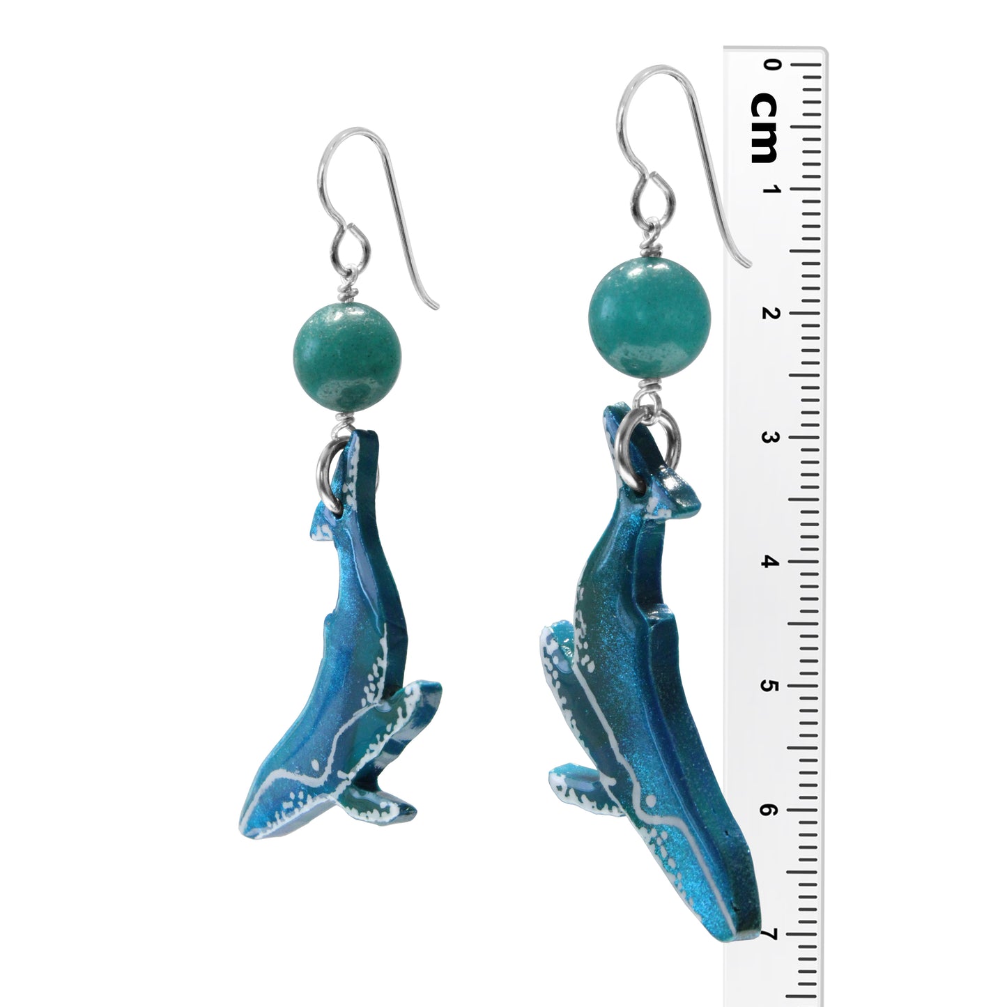 Sea Green Whale Earrings / 70mm length / with green agate beads and sterling silver earwires