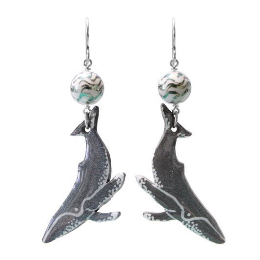 Grey Whale Earrings / 70mm length / gray with laser etched beads and sterling silver earwires