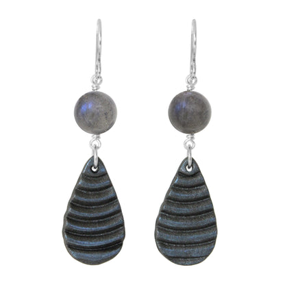 Labradorite Earrings / 55mm length/ polymer clay teardrop pendant / sterling silver earwires