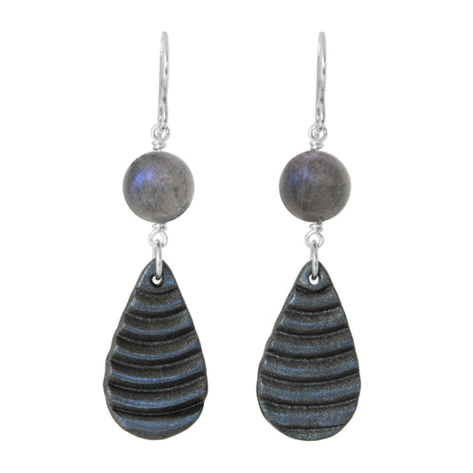 Labradorite Earrings / 55mm length/ polymer clay teardrop pendant / sterling silver earwires