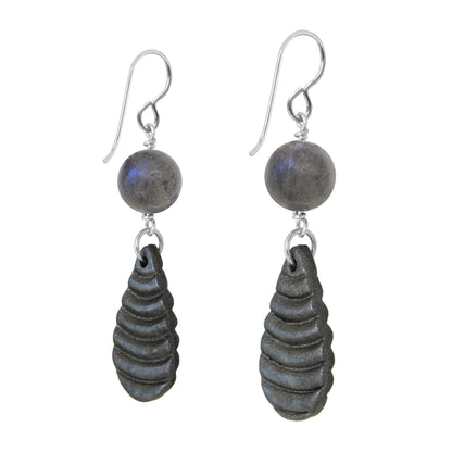 Labradorite Earrings / 55mm length/ polymer clay teardrop pendant / sterling silver earwires