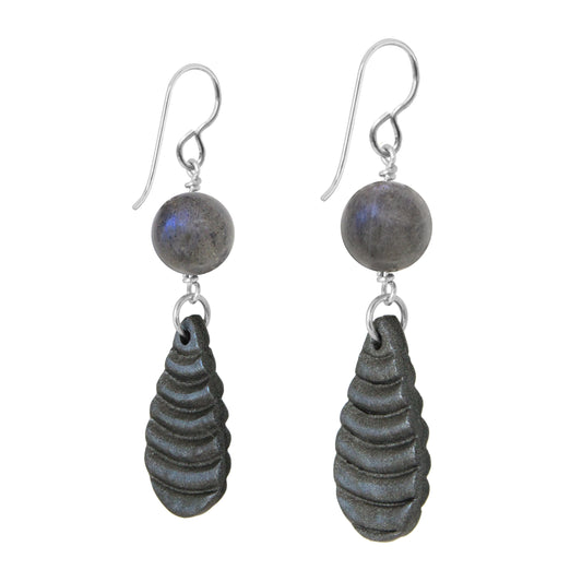 Labradorite Earrings / 55mm length/ polymer clay teardrop pendant / sterling silver earwires