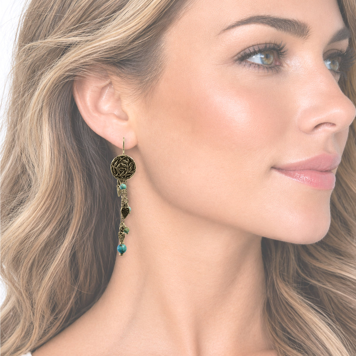 Turquoise & Bamboo Tropical Cascade Earrings / with model
