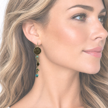Turquoise & Bamboo Tropical Cascade Earrings / with model