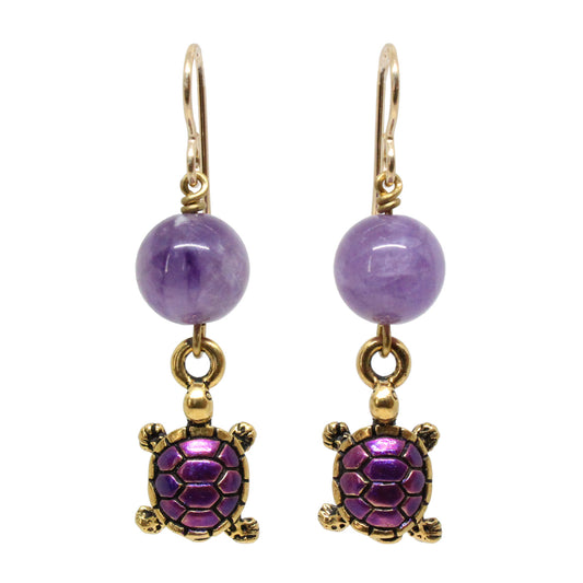 Turtle Earrings / 45mm length / hand painted pewter charms / purple amethyst / gold filled earwires