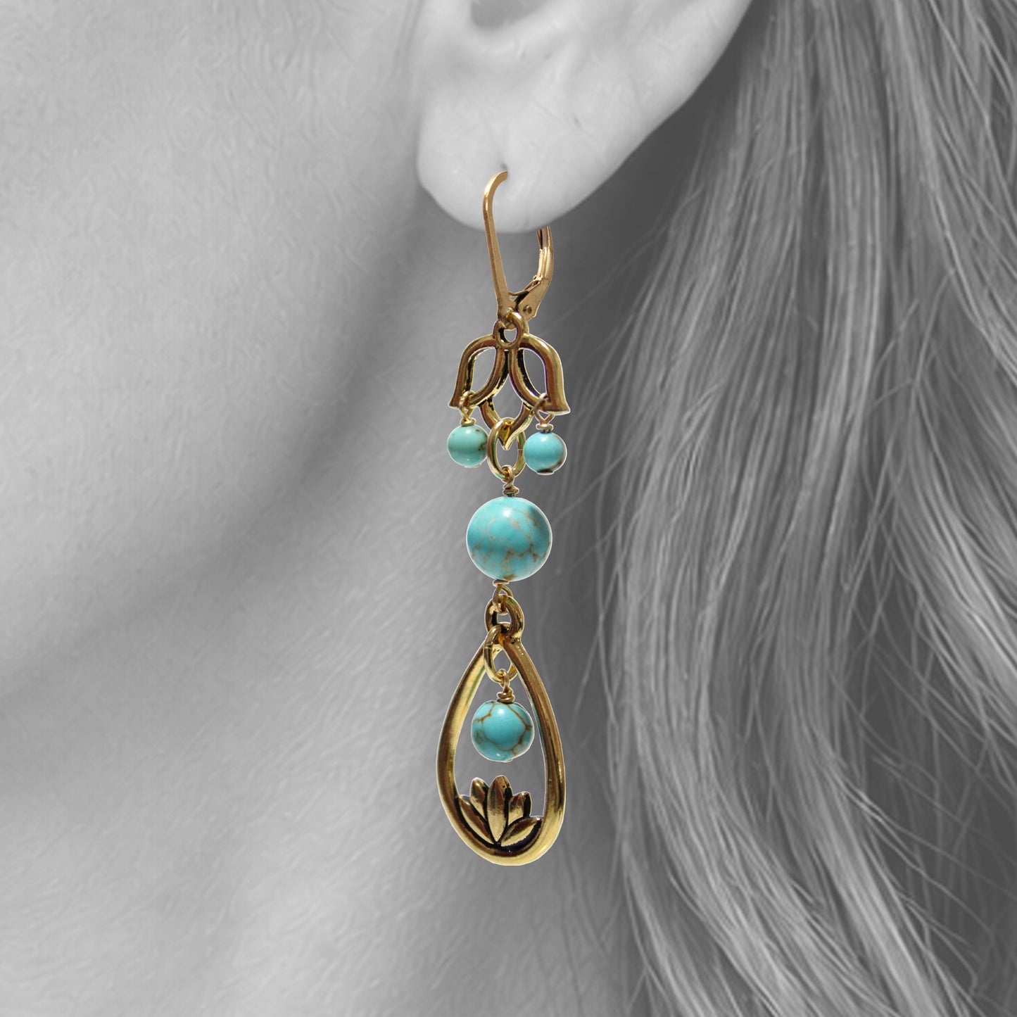 Turquoise Lotus Flower Earrings / gold filled leverback earwires / close-up view