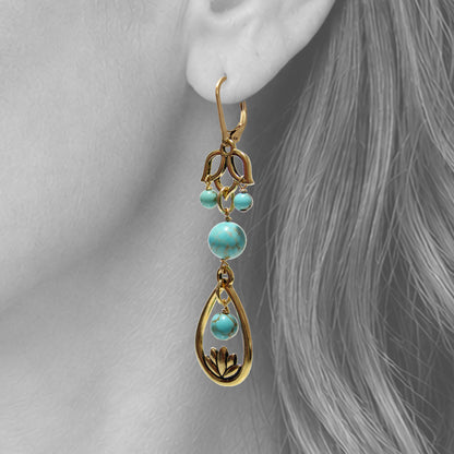 Turquoise Lotus Flower Earrings / gold filled leverback earwires / close-up view