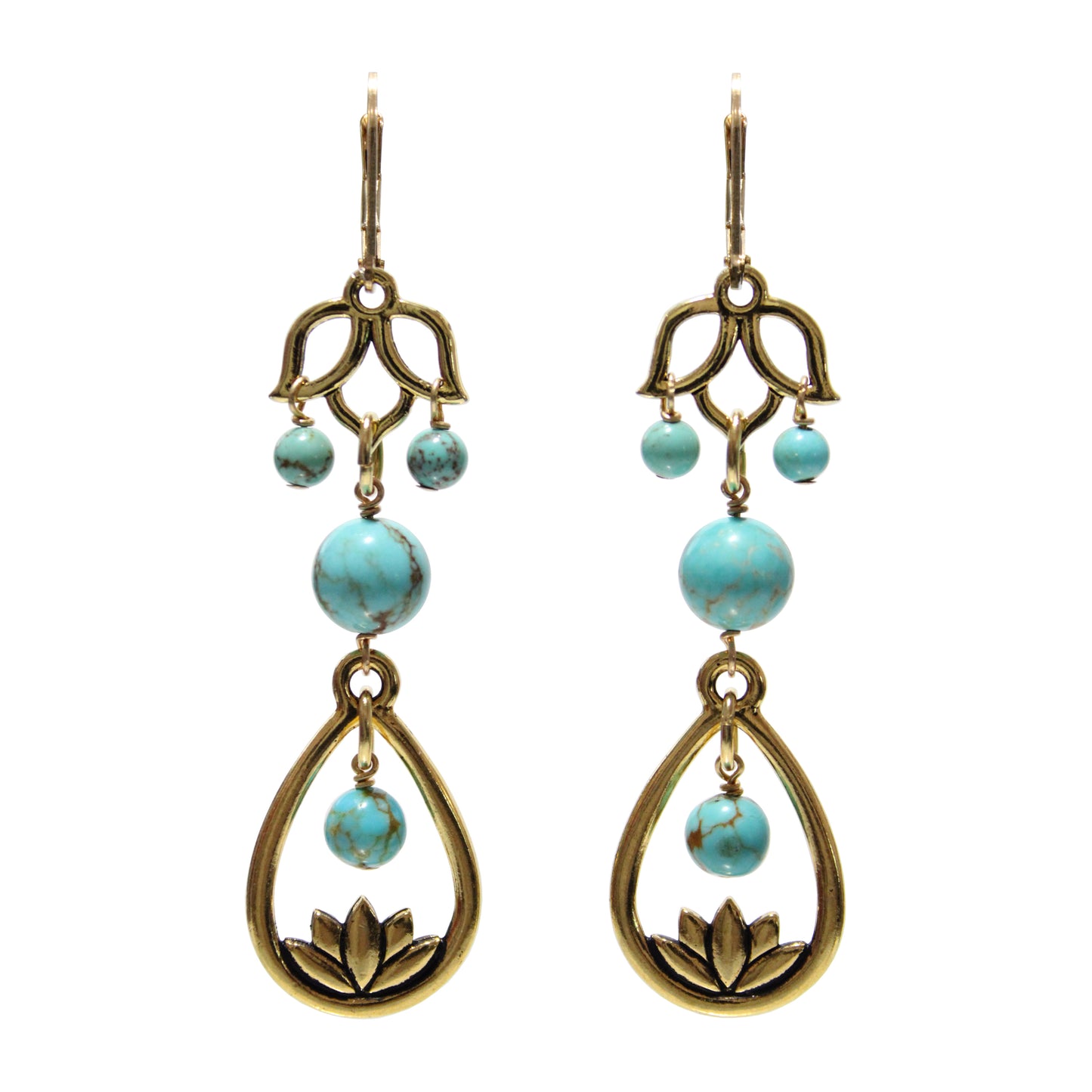 Turquoise Lotus Flower Earrings / 68mm length / gold filled leverback earwires