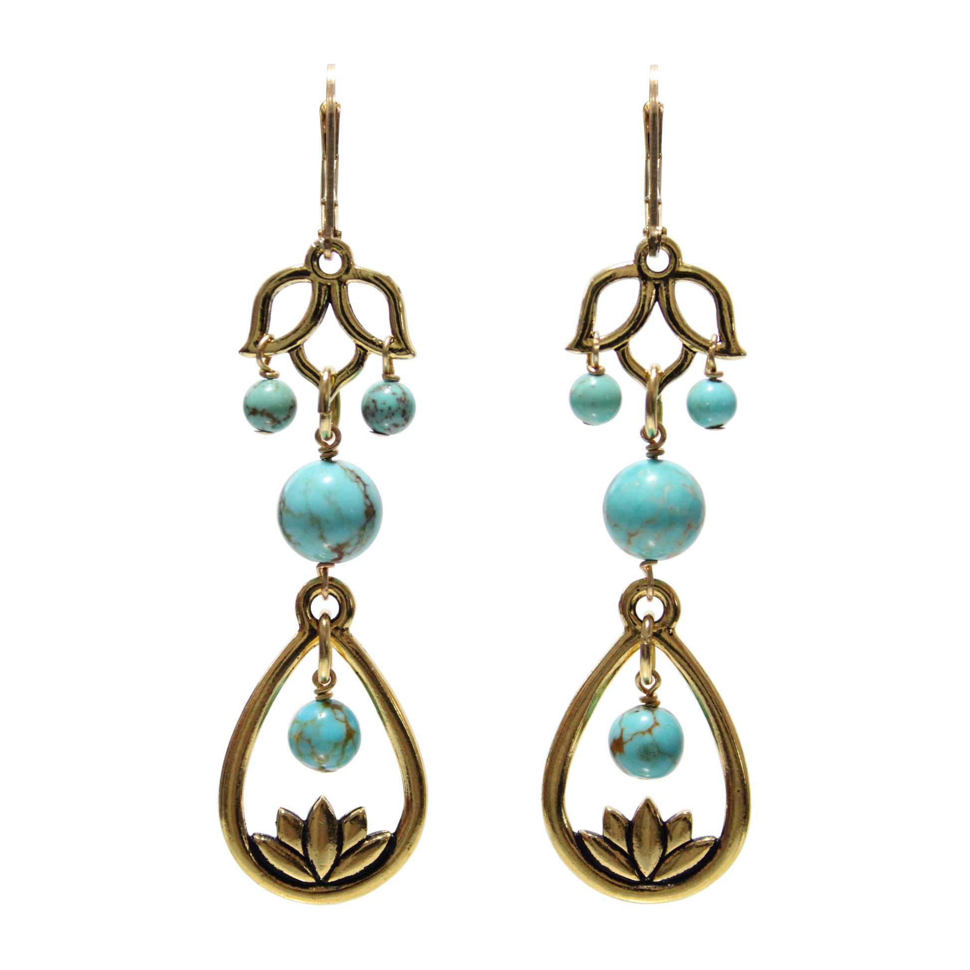 Turquoise Lotus Flower Earrings / 68mm length / gold filled leverback earwires