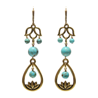 Turquoise Lotus Flower Earrings / 68mm length / gold filled leverback earwires