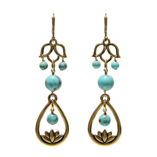 Turquoise Lotus Flower Earrings / 68mm length / gold filled leverback earwires