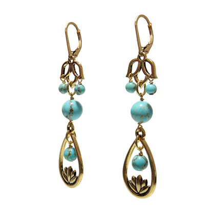 Turquoise Lotus Flower Earrings / gold filled leverback earwires / side view