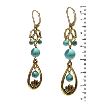Turquoise Lotus Flower Earrings / gold filled leverback earwires / reverse view with ruler