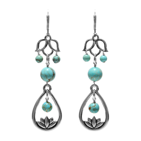 Turquoise Lotus Flower Earrings / 68mm length / sterling silver leverback earwires