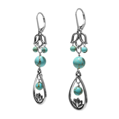 Turquoise Lotus Flower Earrings / sterling silver leverback earwires / side view