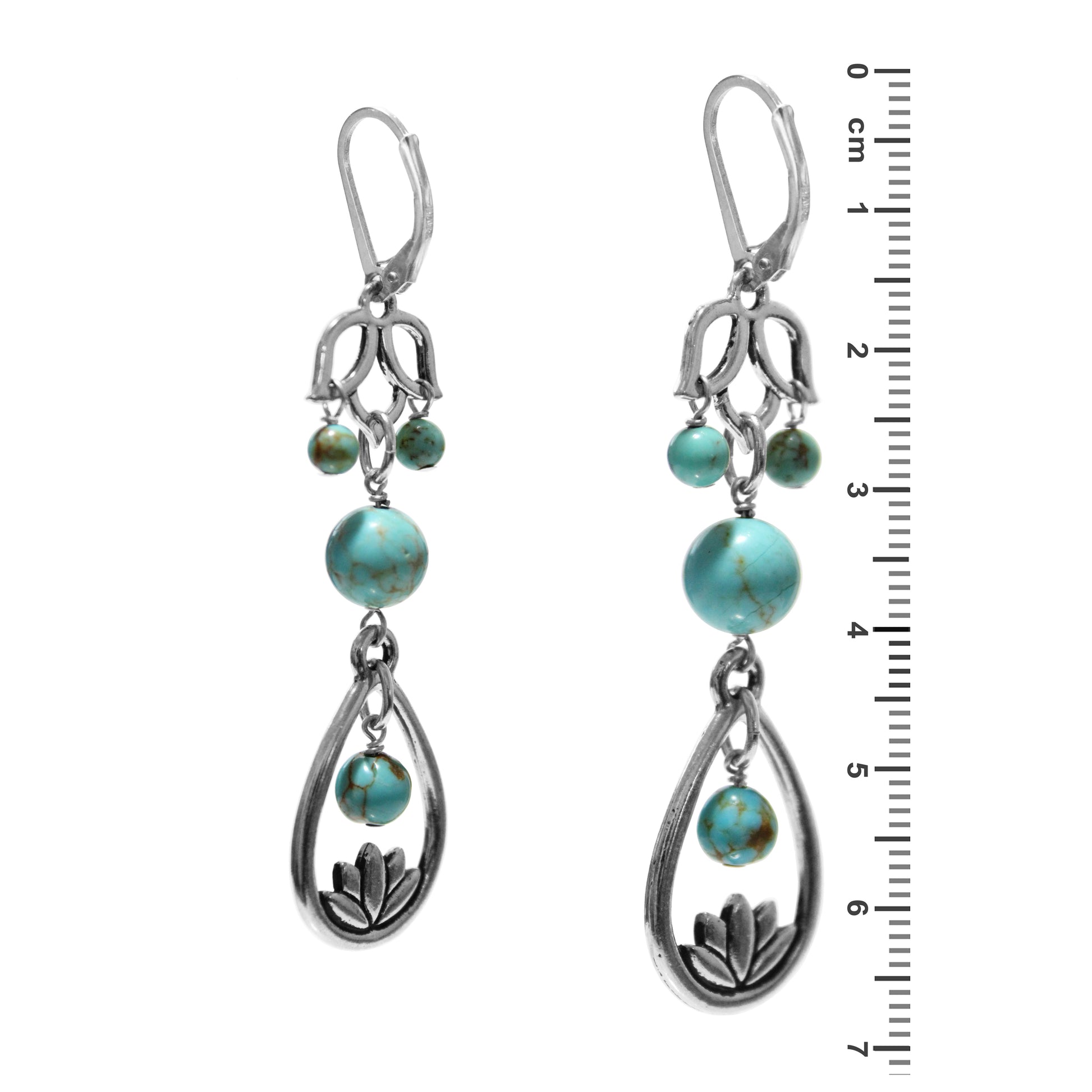 Turquoise Lotus Flower Earrings / sterling silver leverback earwires / reverse view with ruler