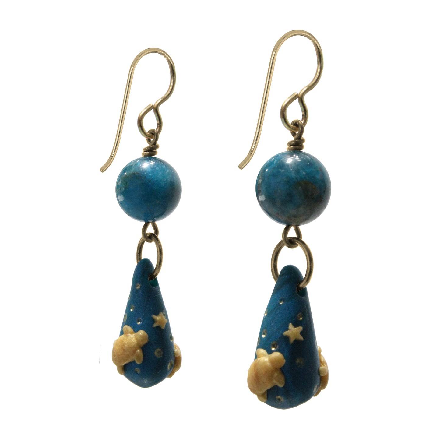 Sea Turtle Teardrop Earrings / 50mm length / with blue apatite gemstones / gold filled hook earwires
