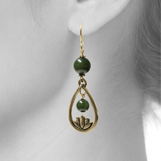 BC Jade Lotus Earrings / gold filled hook earwires / close-up view