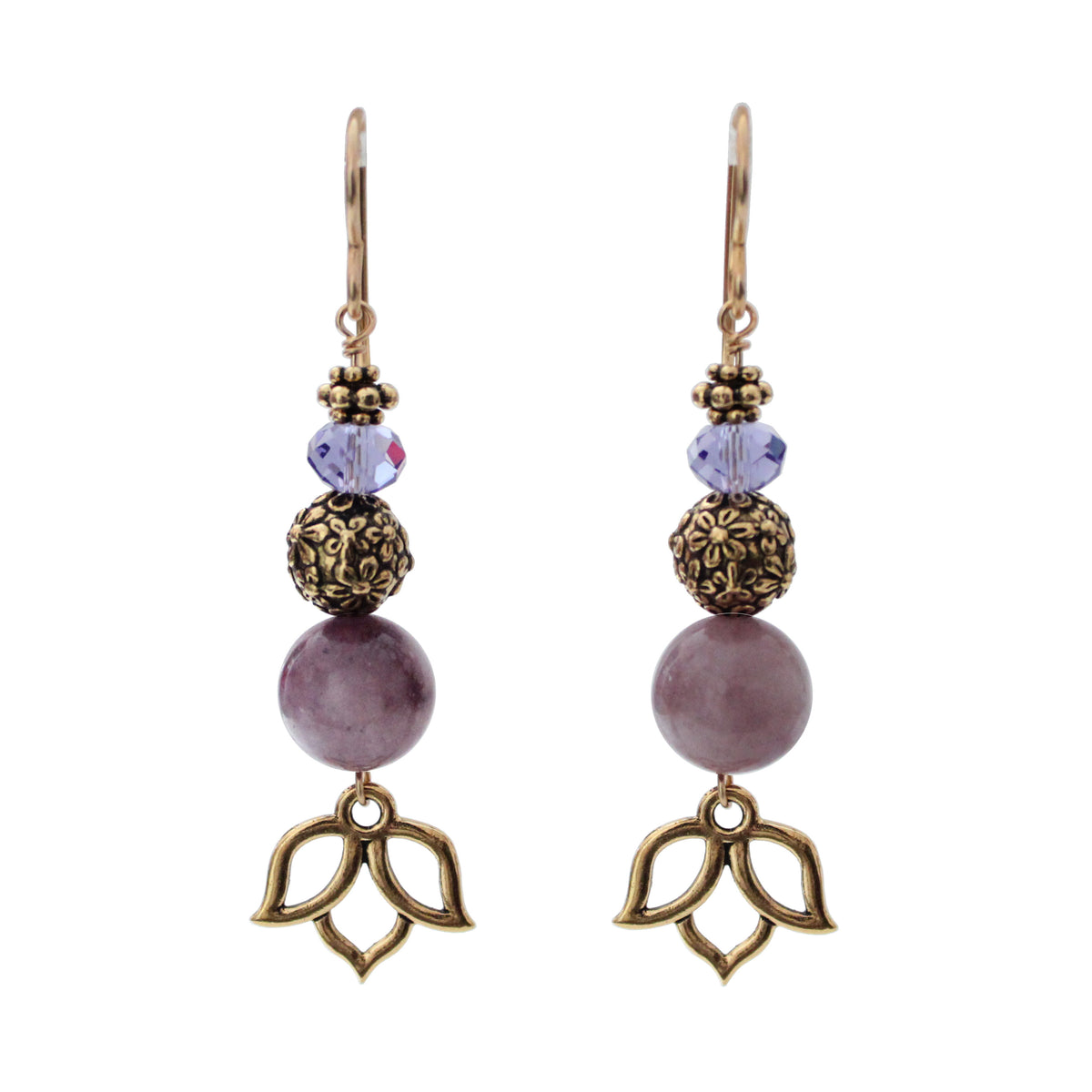 Lotus Bloom Earrings with lepidolite, crystal, gold pewter