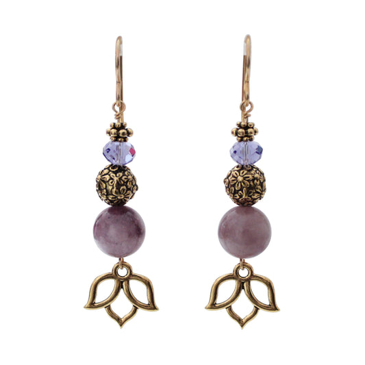 Lotus Bloom Earrings with lepidolite, crystal, gold pewter
