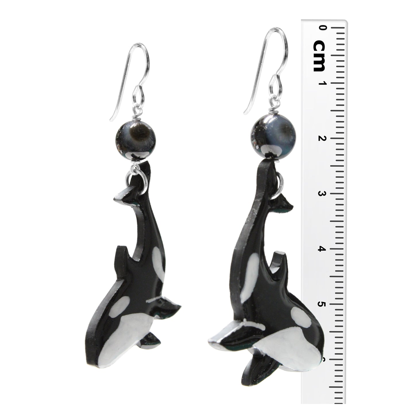 Orca Earrings / 65mm length / with black sardonyx / sterling silver hook earwires