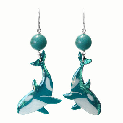 Orca Earrings / 65mm length / seagreen with green agate / sterling silver hook earwires