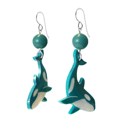 Orca Earrings / 65mm length / seagreen with green agate / sterling silver hook earwires