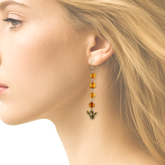 Honeybee Earrings / 65mm length / with Baltic amber and gold filled hook earwires