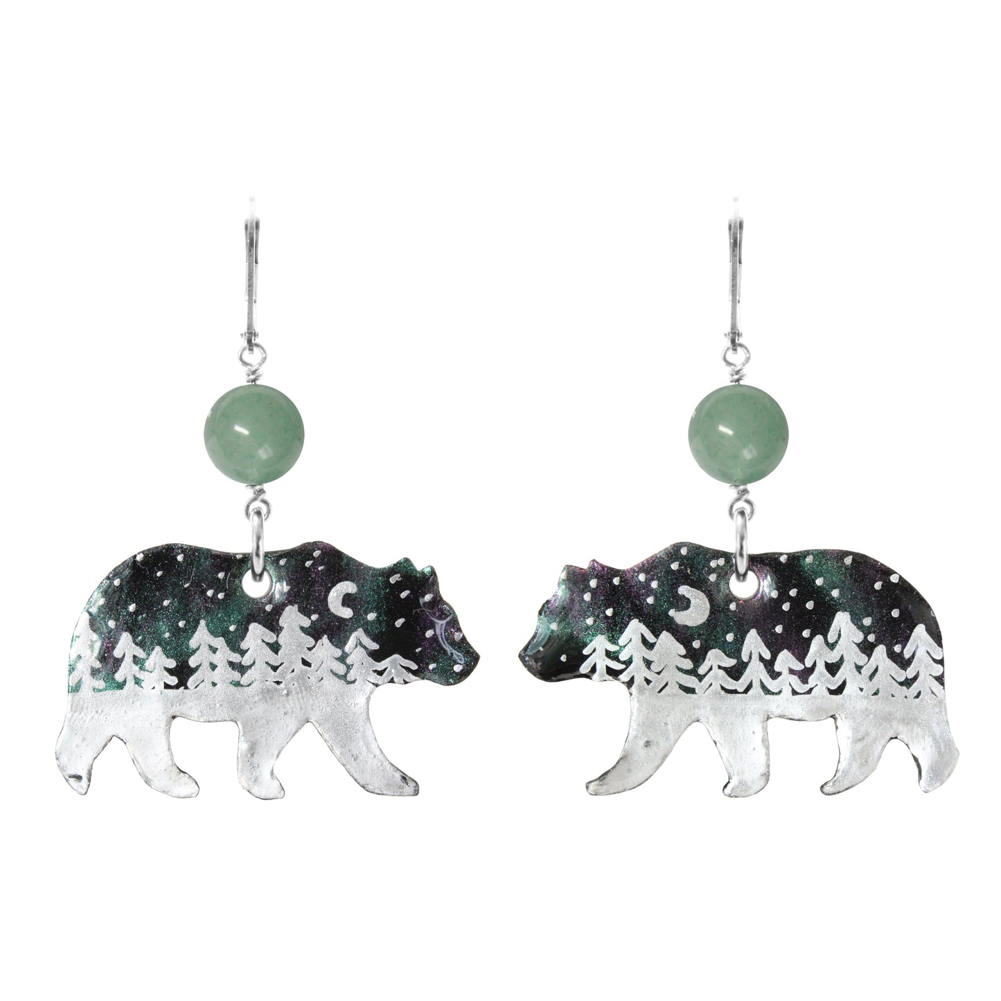 Night Forest Bear Earrings / 57mm length / northern lights effect / sterling silver leverbacks