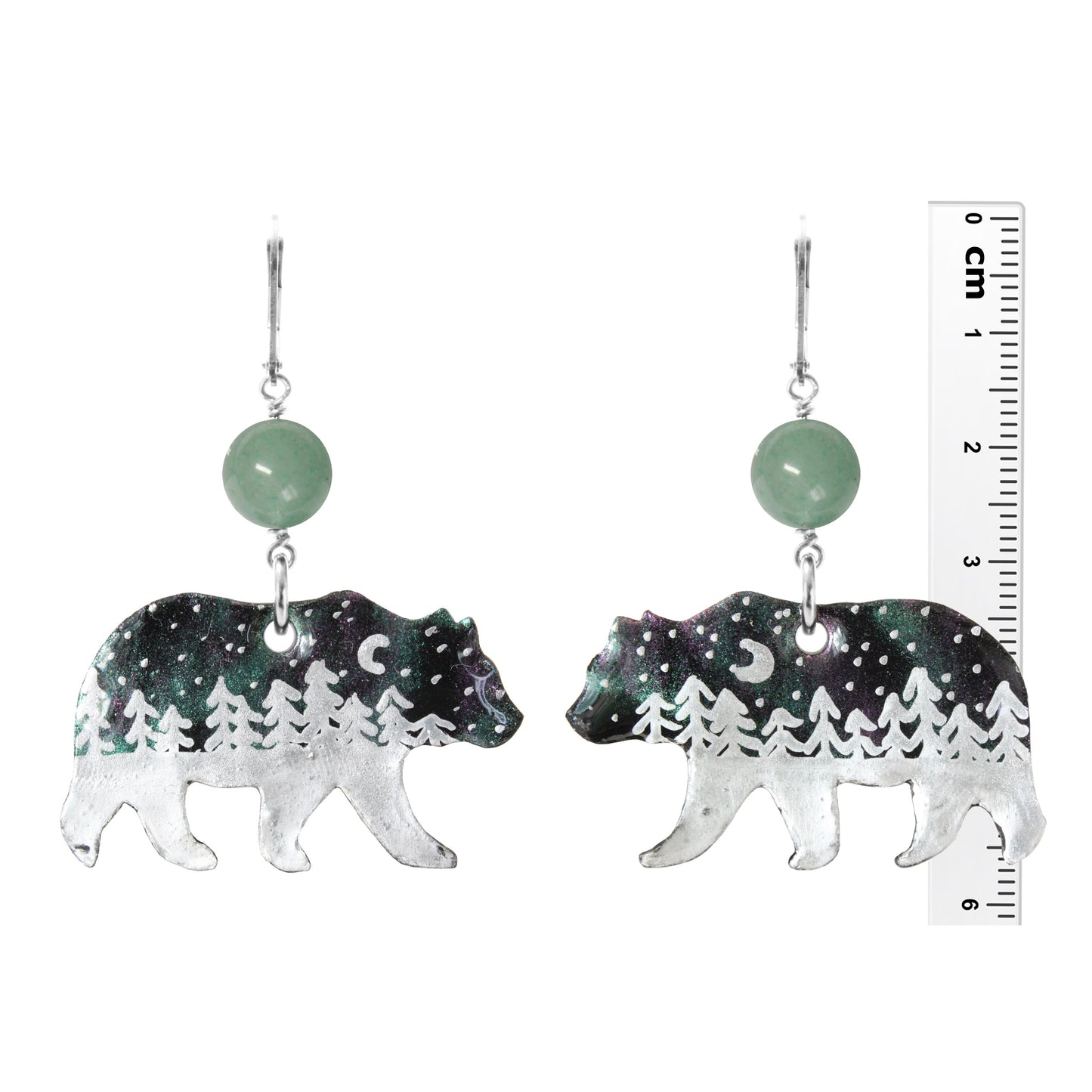 Night Forest Bear Earrings / 57mm length / northern lights effect / sterling silver leverbacks