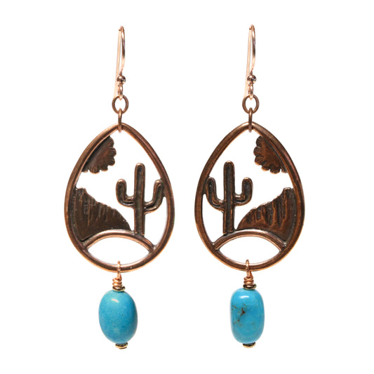 Desert Scene Earrings / 70mm length / genuine turquoise gemstones / copper hook earwires