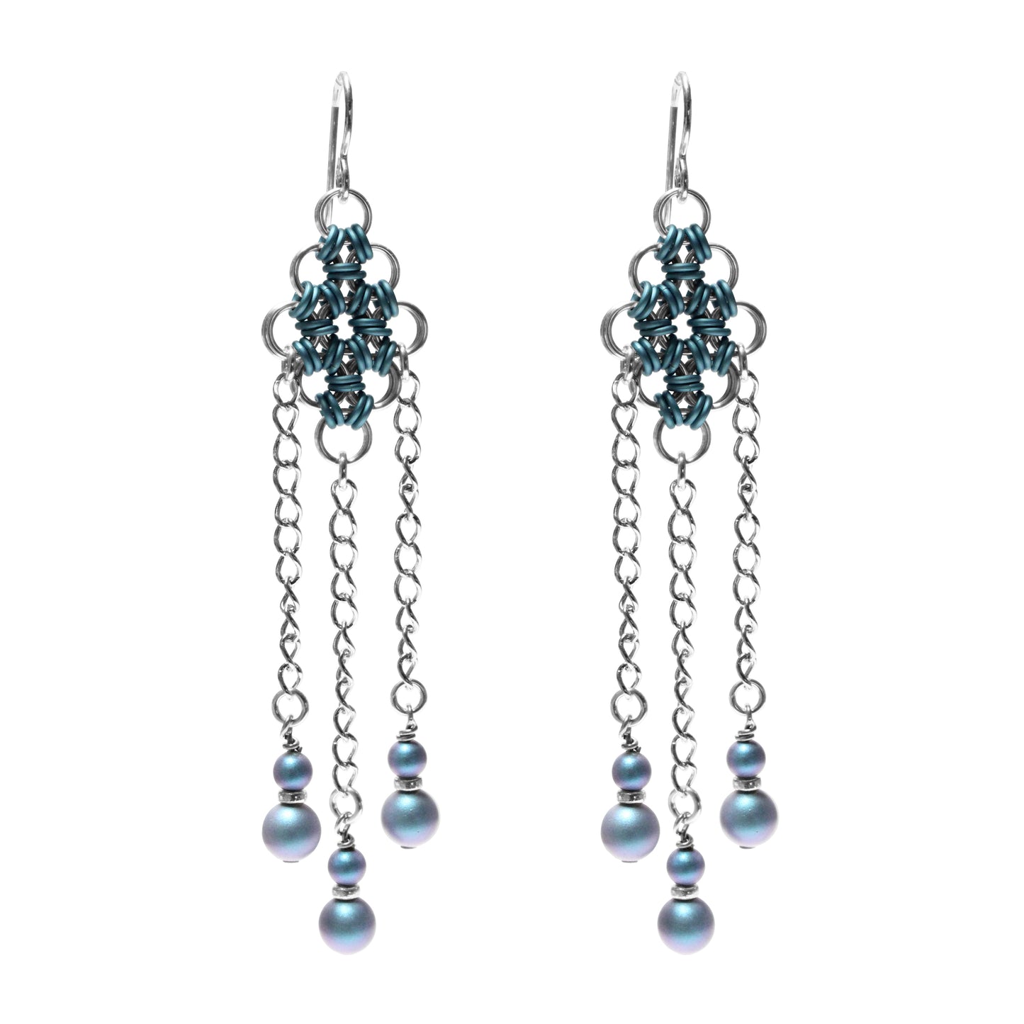 Winter Blue and Silver Chainmail Earrings / front view