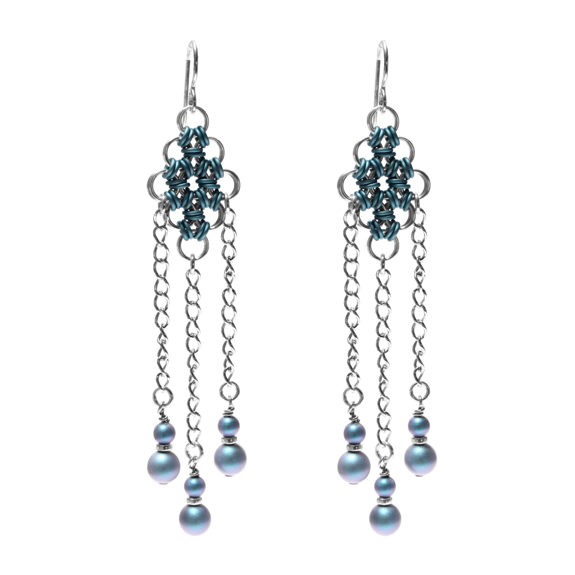 Winter Blue and Silver Chainmail Earrings / front view