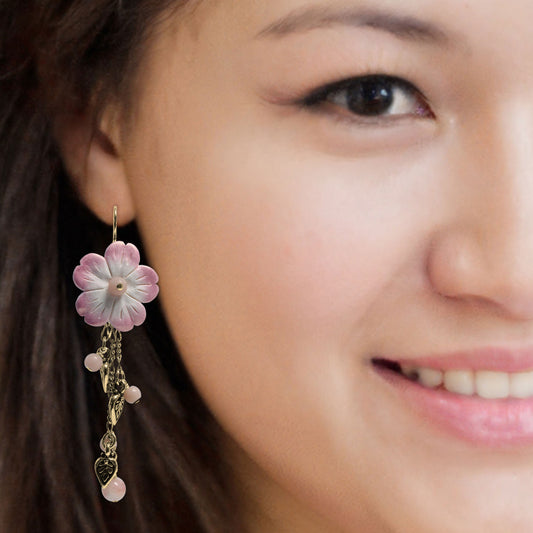 Flower Cascade Earrings / 75mm length / pink opal with gold pewter charms and gold filled earwires
