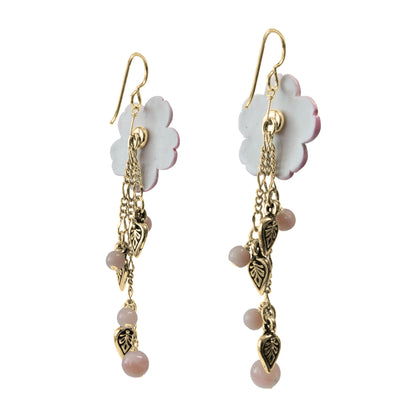 Flower Cascade Earrings / 75mm length / pink opal with gold pewter charms and gold filled earwires