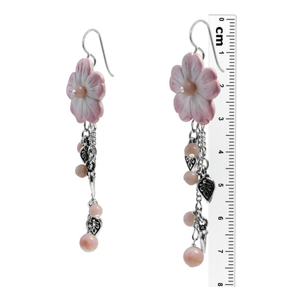 Flower Cascade Earrings / 75mm length / pink opal with silver pewter charms and sterling silver earwires