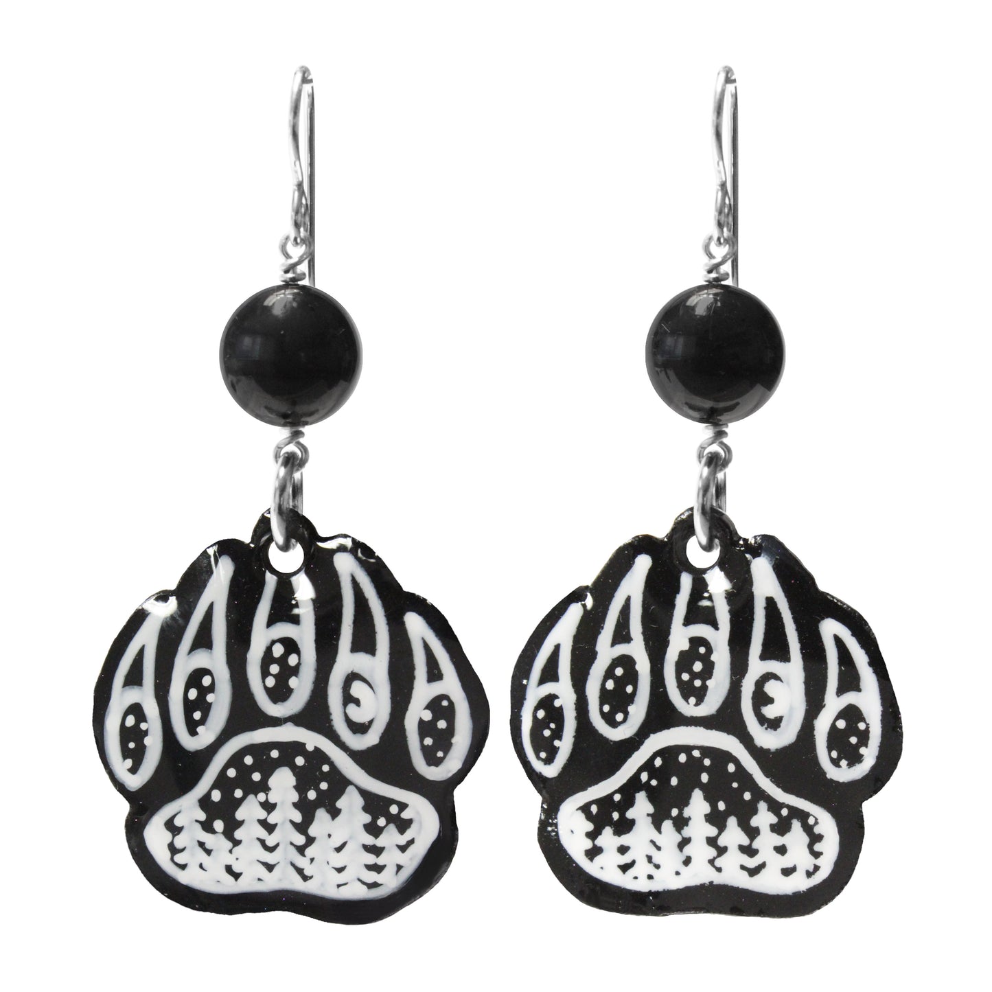 Night Forest Bear Paw Earrings / 60mm length / with black onyx and sterling silver earwires