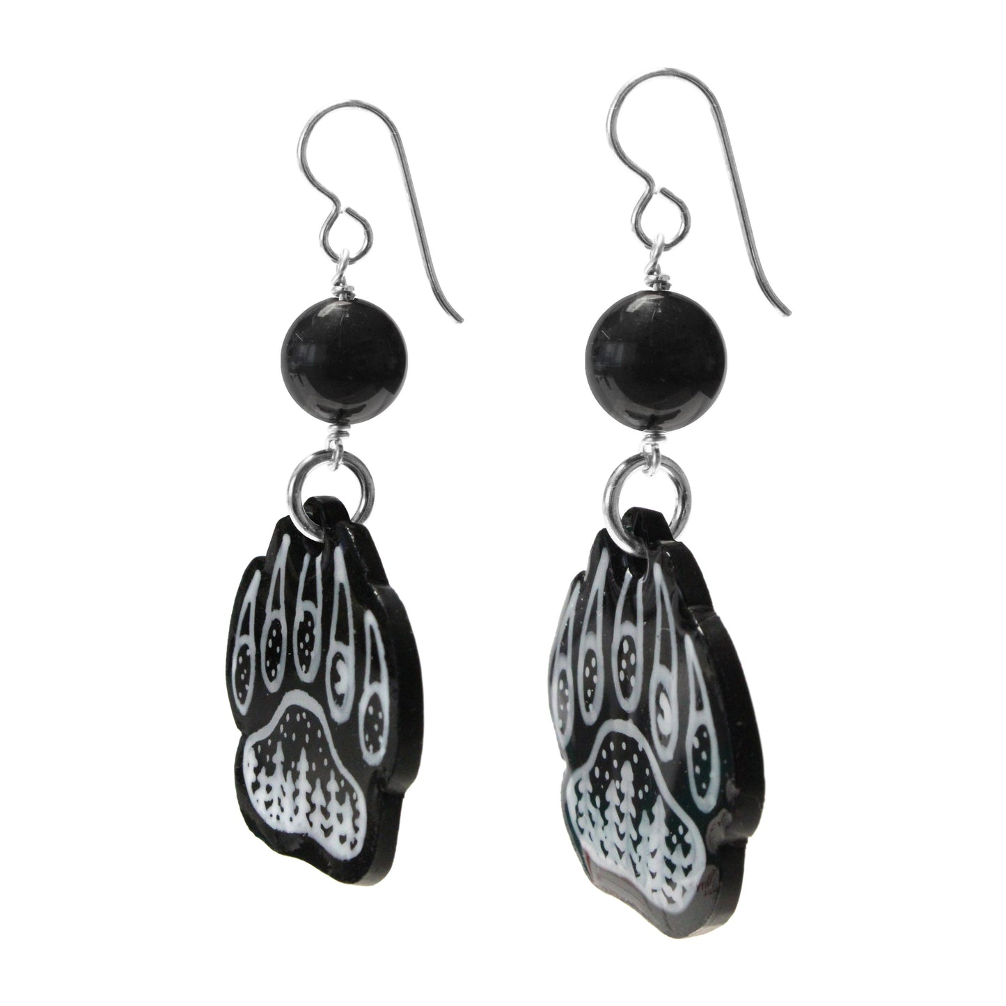 Night Forest Bear Paw Earrings / 60mm length / with black onyx and sterling silver earwires