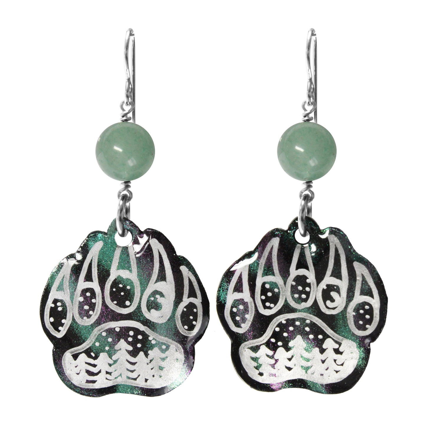 Night Forest Bear Paw Earrings / 60mm length / northern lights effect / sterling silver earwires