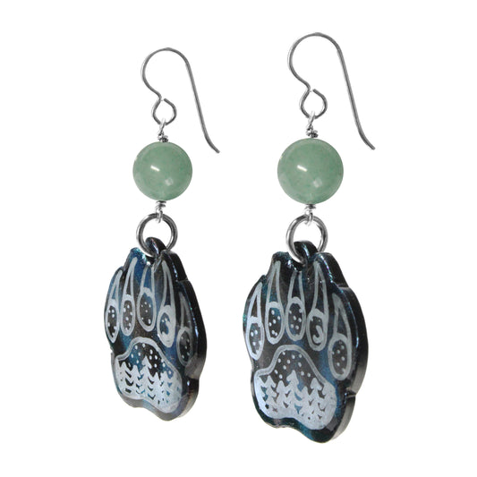 Night Forest Bear Paw Earrings / 60mm length / northern lights effect / sterling silver earwires