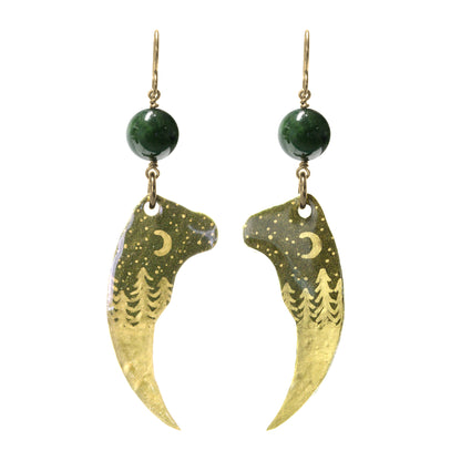 Night Forest Bear Claw Earrings / 80mm length / with BC Jade and gold filled hook earwires