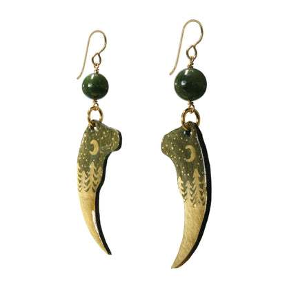 Night Forest Bear Claw Earrings / 80mm length / with BC Jade and gold filled hook earwires