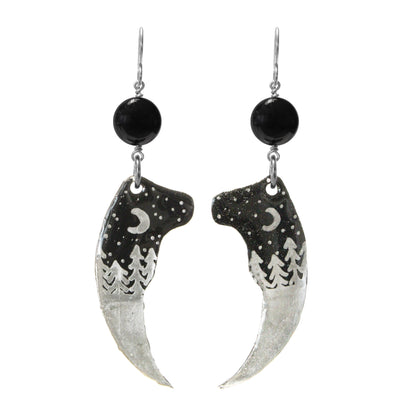 Night Forest Bear Claw Earrings / 80mm length / with black onyx and sterling silver hook earwires