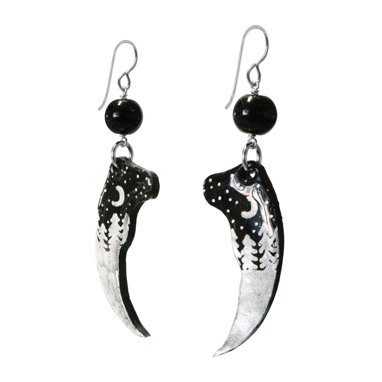 Night Forest Bear Claw Earrings / 80mm length / with black onyx and sterling silver hook earwires