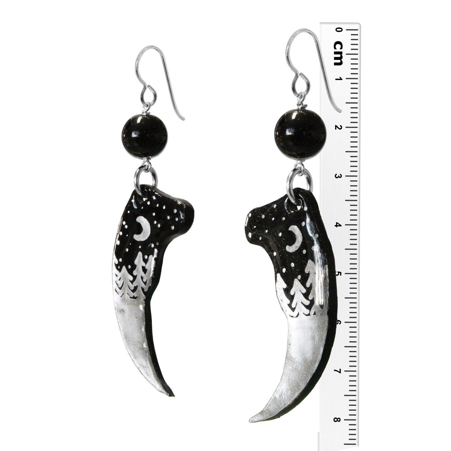 Night Forest Bear Claw Earrings / 80mm length / with black onyx and sterling silver hook earwires